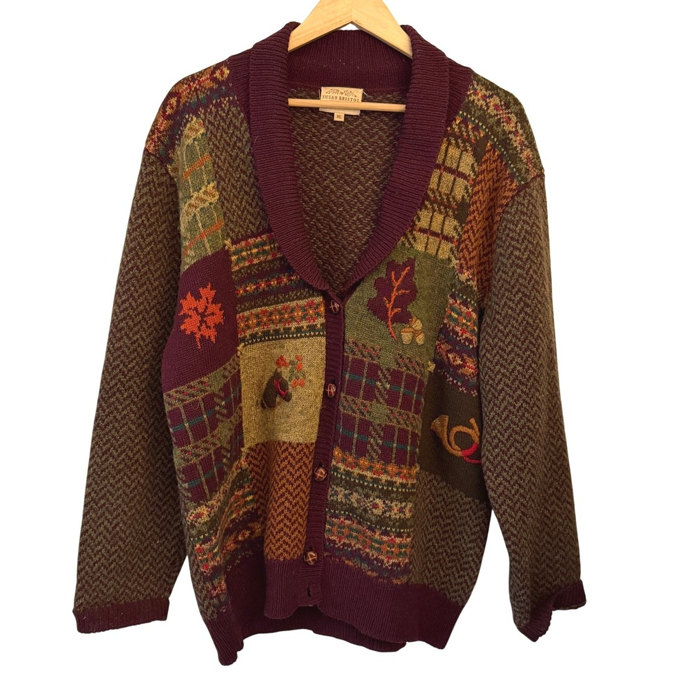 Susan Bristol Cardigan Womens XL Burgundy Patchwork Wool 1993 Vintage Excellent